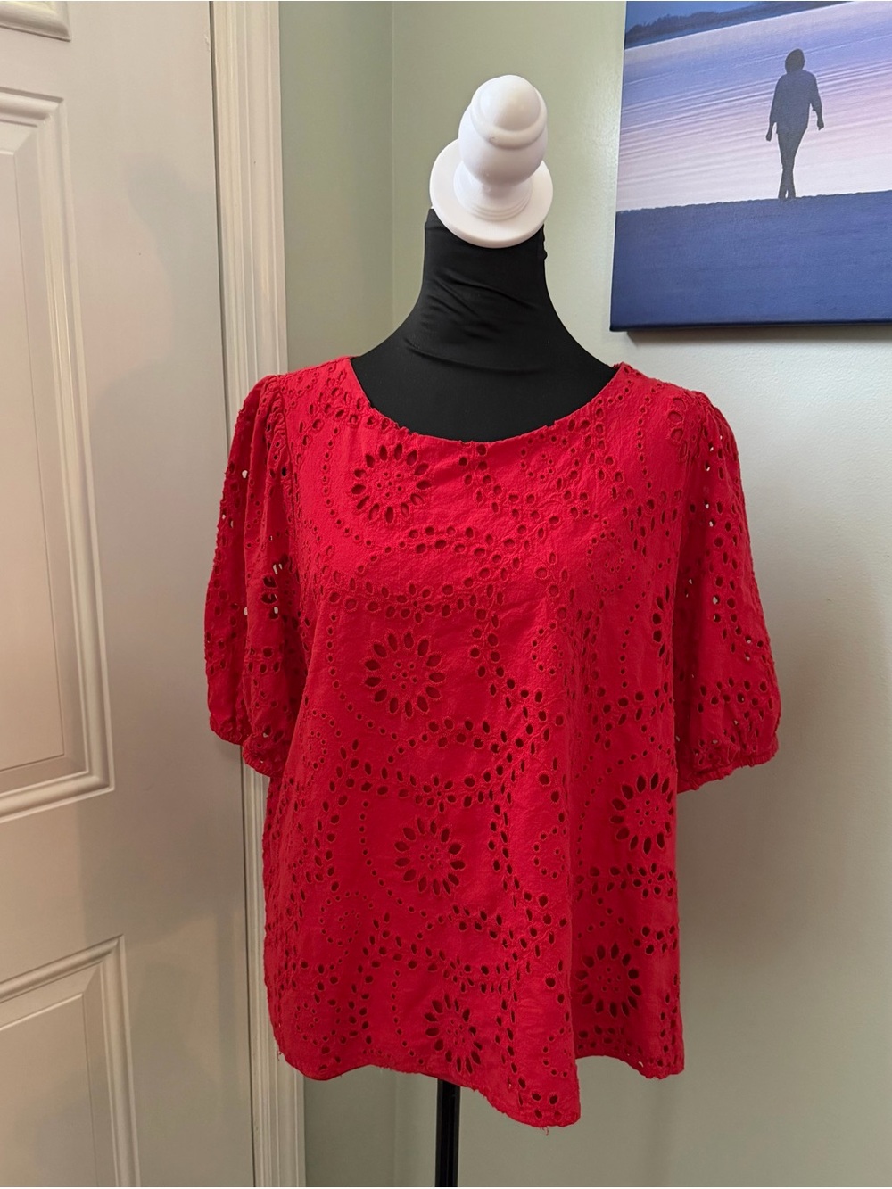 Beacon Bright Red Eyelet Puff-Sleeve Blouse